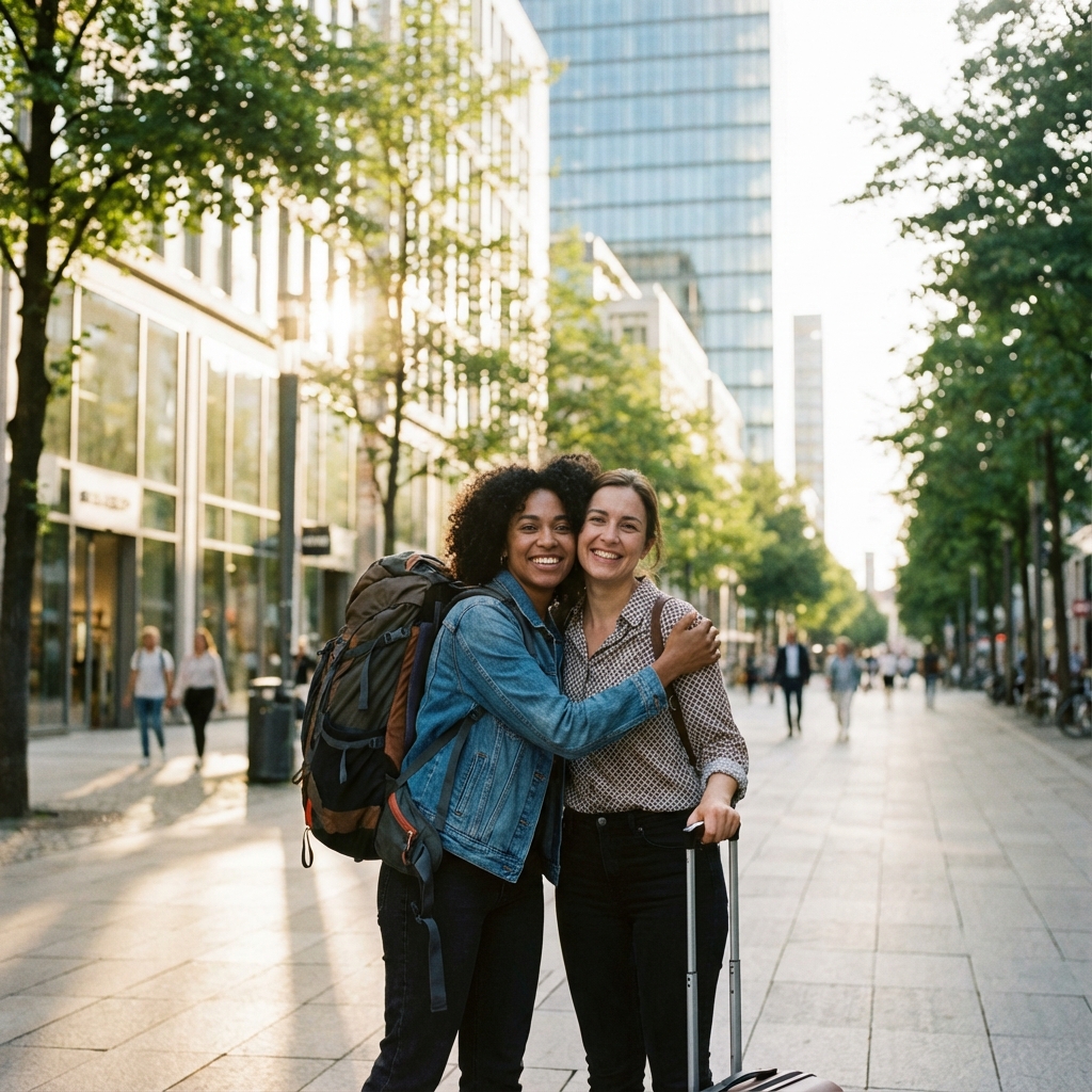 Friends meeting in the city